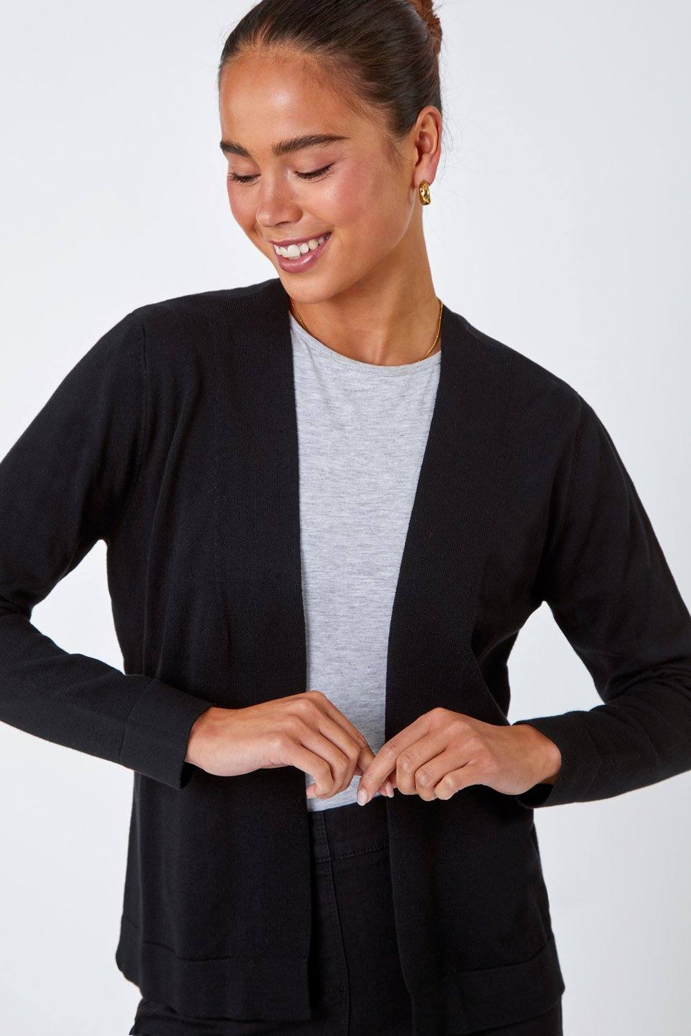 Roman Petite Plain Stretch Cardigan In Black Roman Petite Plain Stretch Cardigan In Black