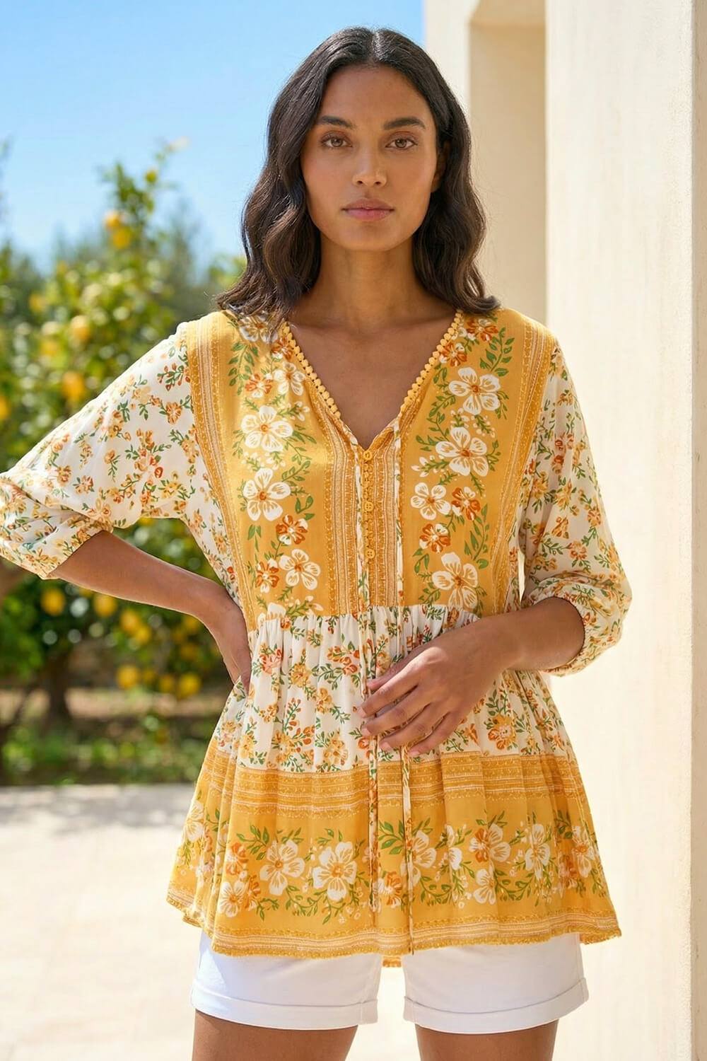 Roman Floral Border Print V-Neck Overshirt In Yellow Roman Floral Border Print V-Neck Overshirt In Yellow