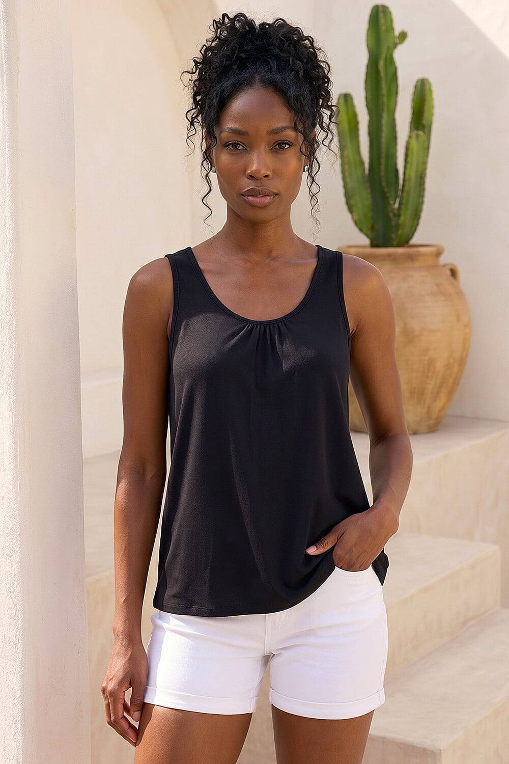 Roman Plain V-Neck Stretch Jersey Vest Top In Black Roman Plain V-Neck Stretch Jersey Vest Top In Black