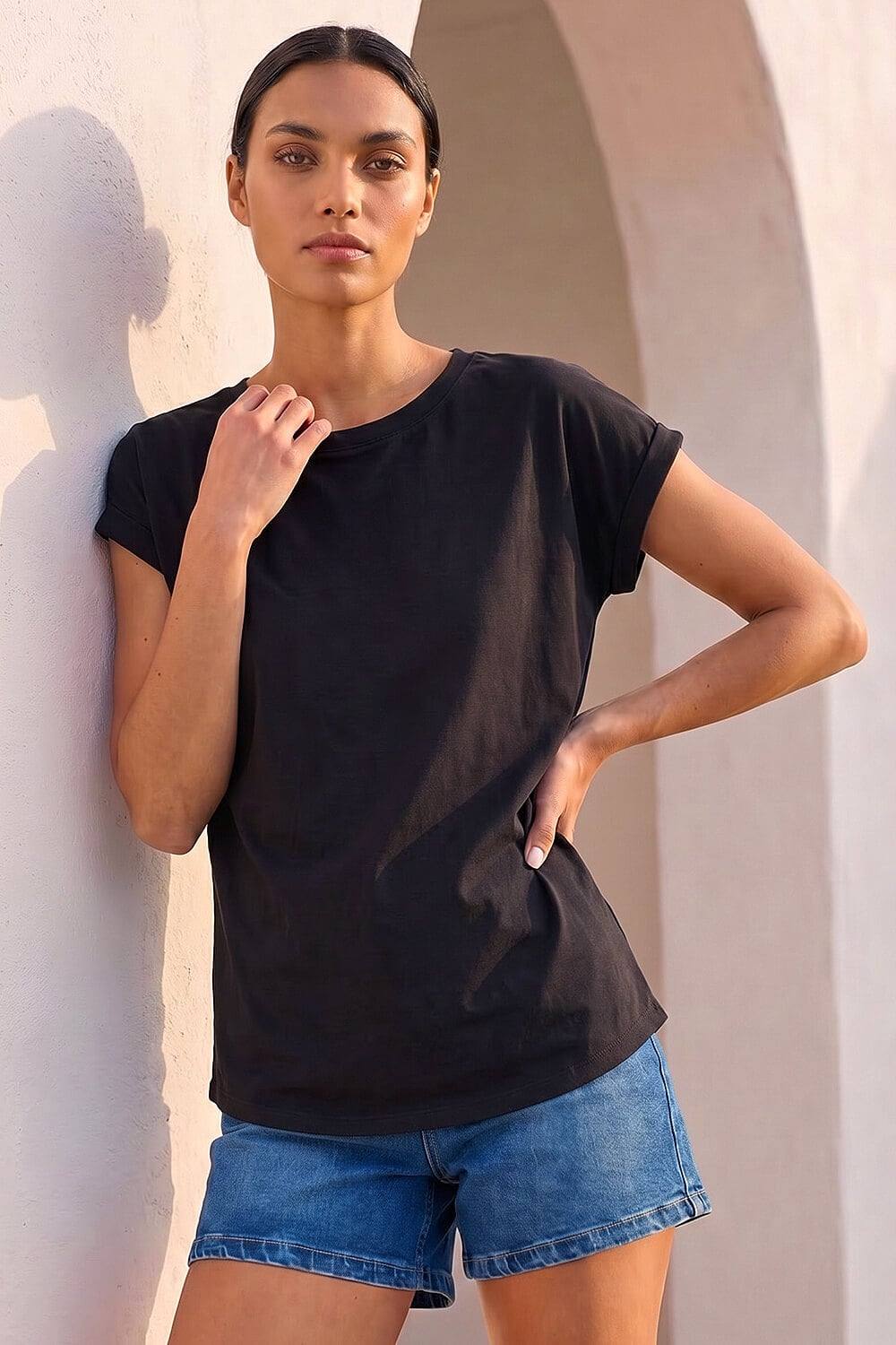 Roman Plain Stretch Cotton Jersey Shirt In Black Roman Plain Stretch Cotton Jersey Shirt In Black