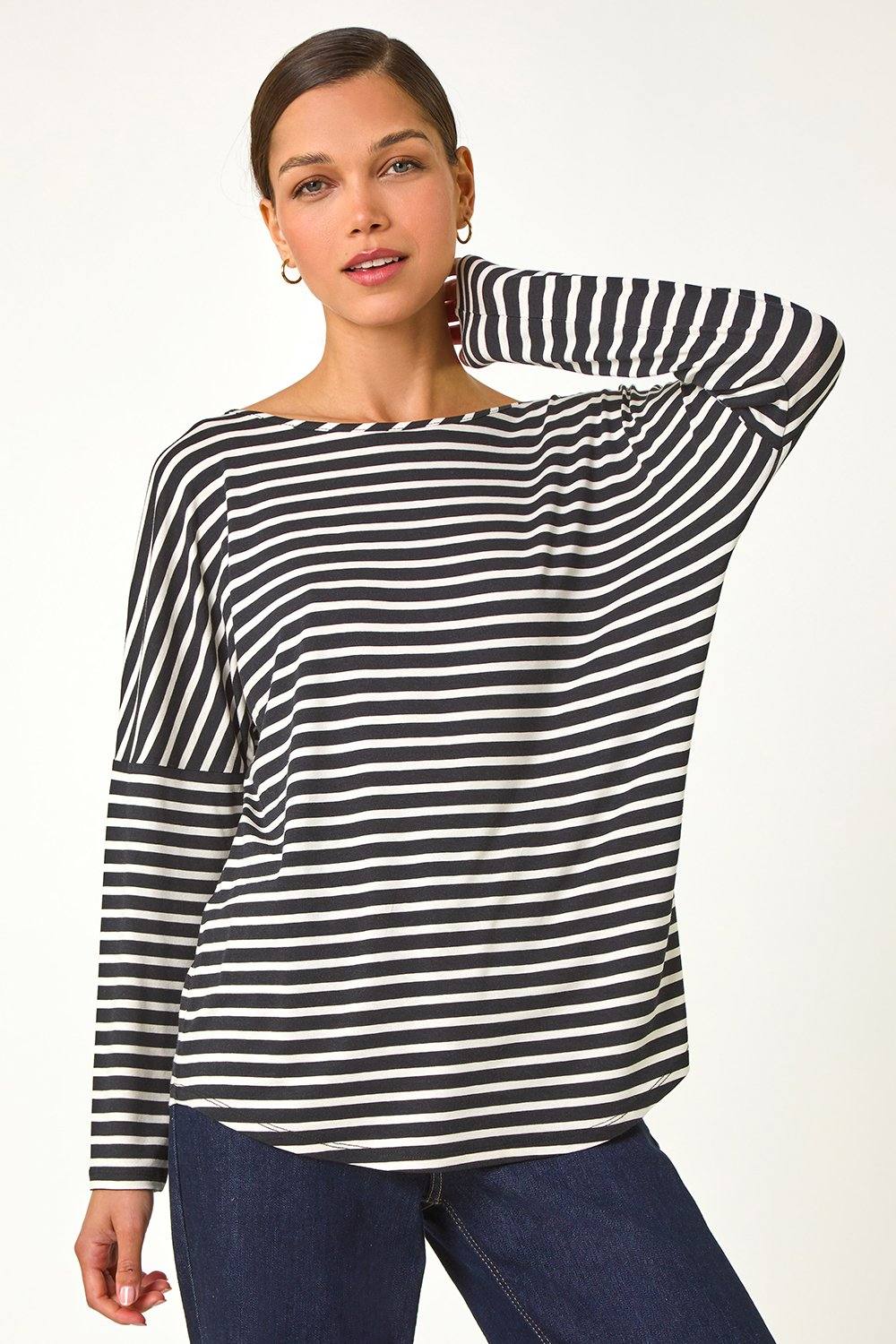 Roman Relaxed Stripe Print Long Sleeve Stretch Top In Black Roman Relaxed Stripe Print Long Sleeve Stretch Top In Black