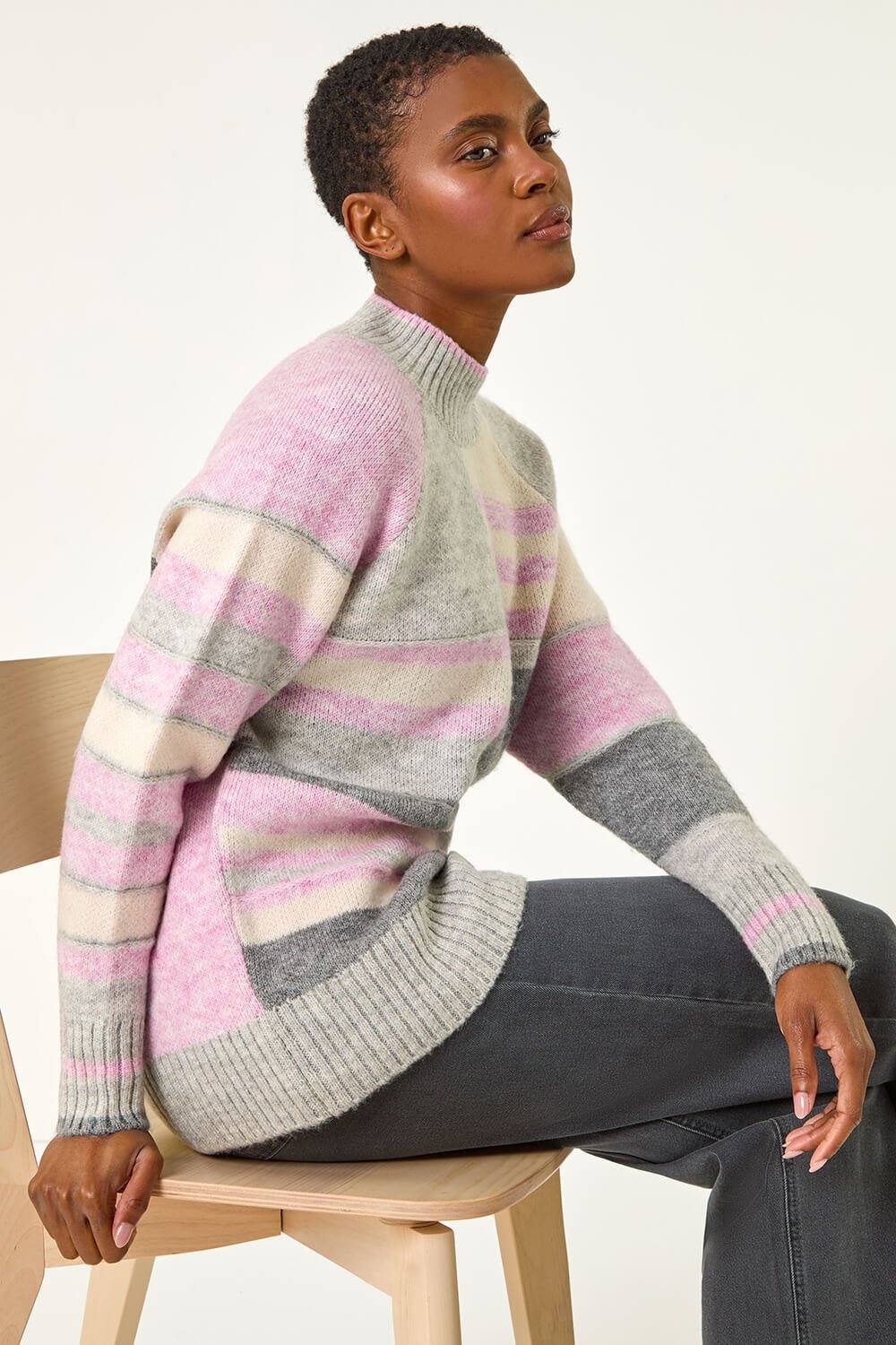 Roman Stripe Colour Block Knitted Jumper In Light Grey Roman Stripe Colour Block Knitted Jumper In Light Grey