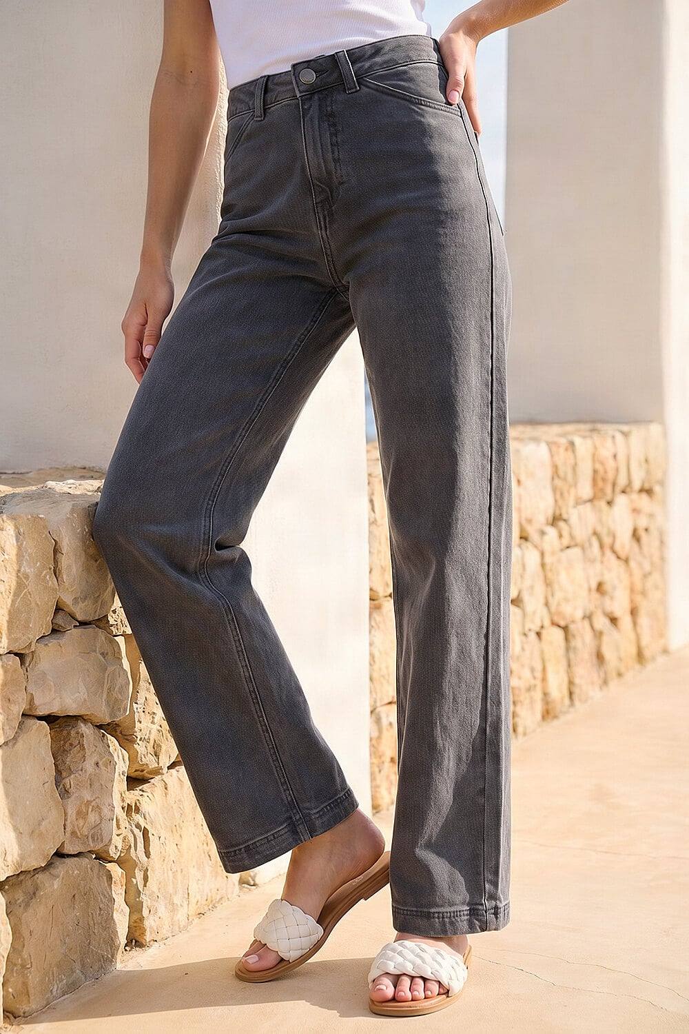 Roman Cotton Blend Wide Leg Stretch Jeans In Charcoal Roman Cotton Blend Wide Leg Stretch Jeans In Charcoal