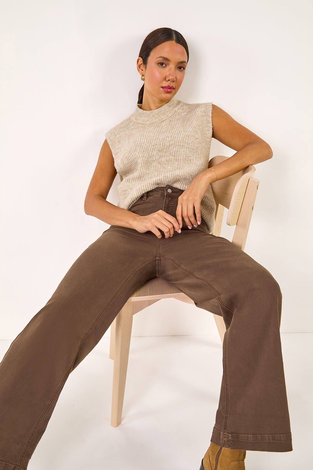 Roman Cotton Blend Wide Leg Stretch Jeans In Chocolate Roman Cotton Blend Wide Leg Stretch Jeans In Chocolate