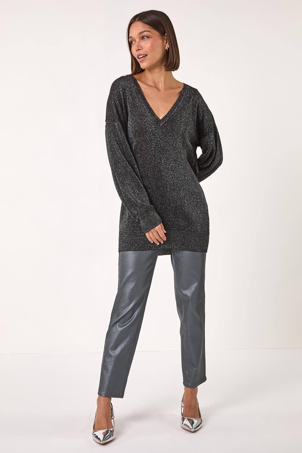 Roman Relaxed Shimmer Knit Jumper In Black Roman Relaxed Shimmer Knit Jumper In Black