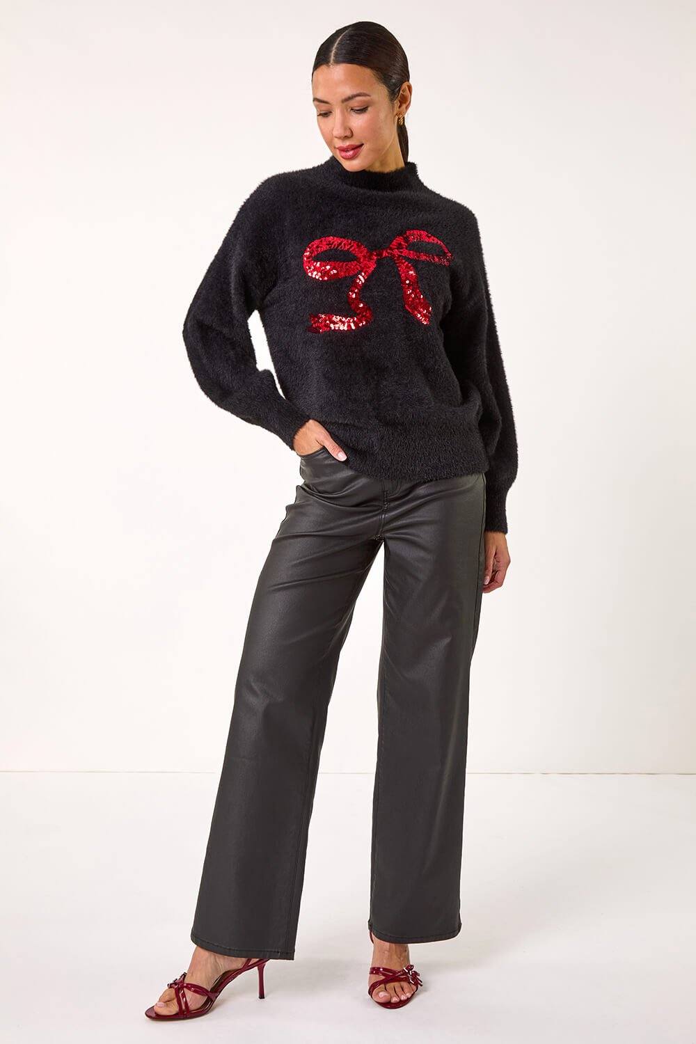 Roman Festive Sequin Bow Knit Jumper In Black Roman Festive Sequin Bow Knit Jumper In Black