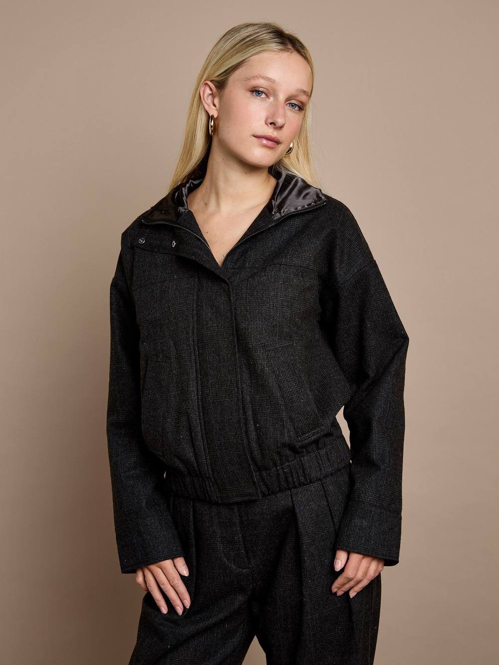 Gwd By George W. Davies Gwd Lewlyn Grey Checked Bomber Jacket In Chocolate Gwd By George W. Davies Gwd Lewlyn Grey Checked Bomber Jacket In Chocolate
