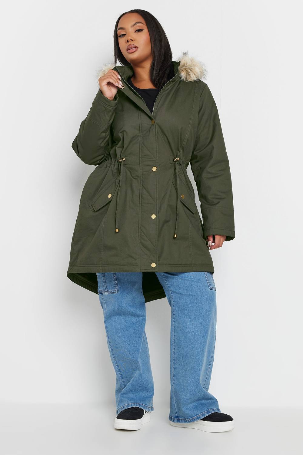Yours Faux Fur Trim Parka Coat In Dark Green Yours Faux Fur Trim Parka Coat In Dark Green