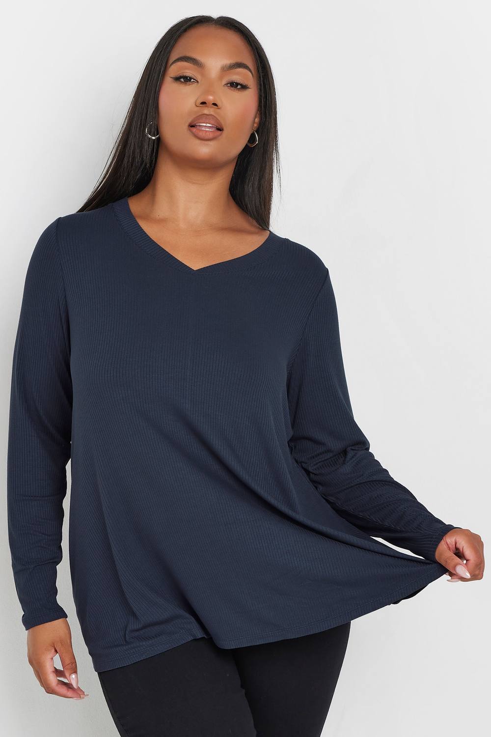 Yours Ribbed Long Sleeve Top In Dark Blue Yours Ribbed Long Sleeve Top In Dark Blue