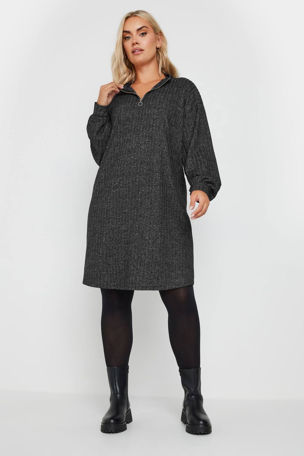 Yours Quarter Zip Knitted Jumper Dress In Dark Grey Yours Quarter Zip Knitted Jumper Dress In Dark Grey
