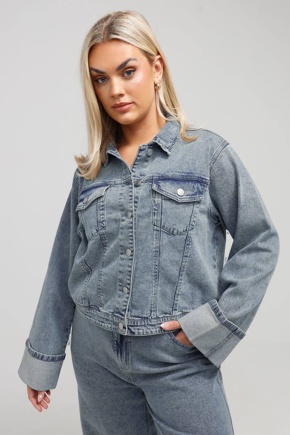 Yours Washed Turn Up Denim Jacket In Light Blue Yours Washed Turn Up Denim Jacket In Light Blue