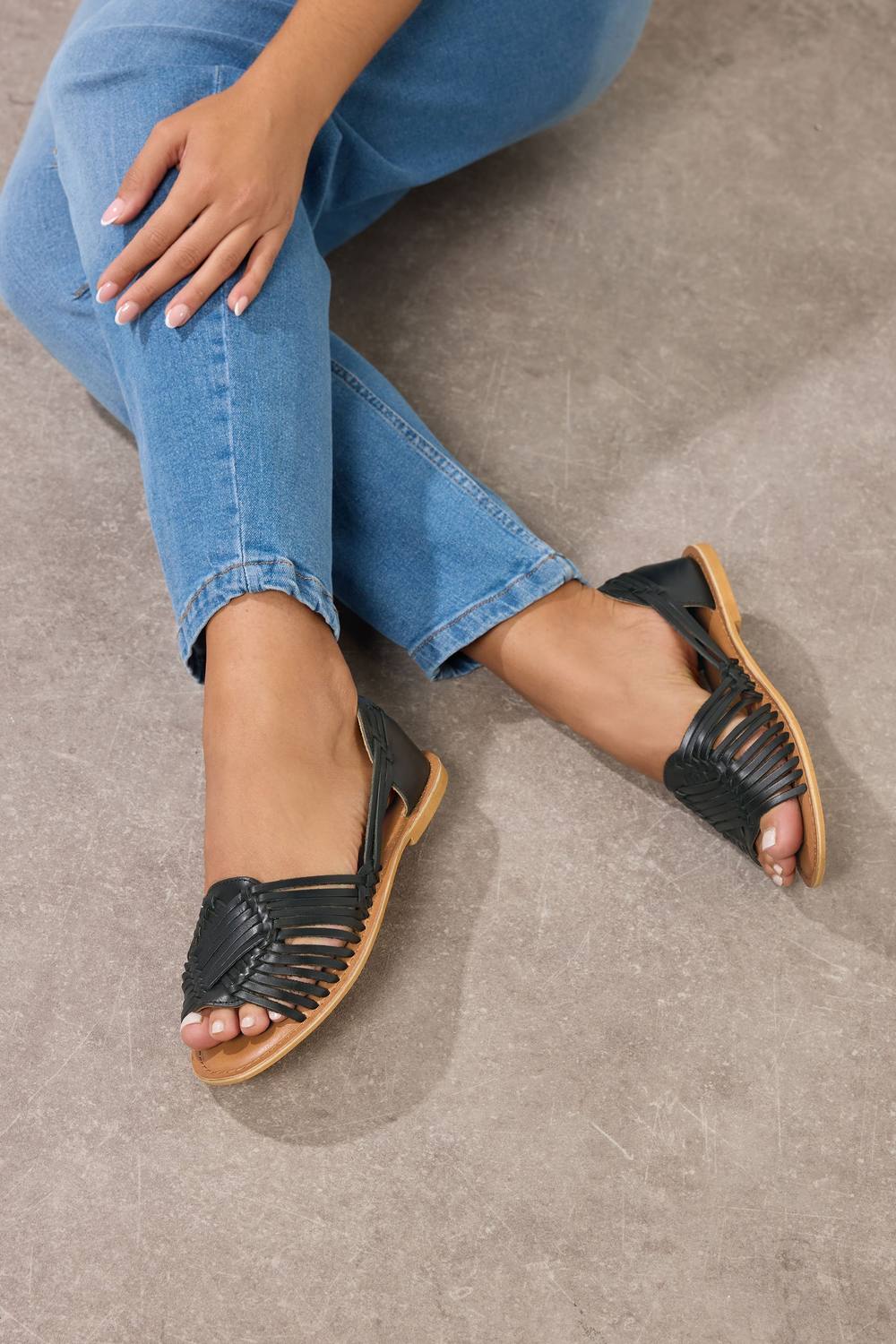 Yours Leather Woven Flat Sandals In Black Yours Leather Woven Flat Sandals In Black