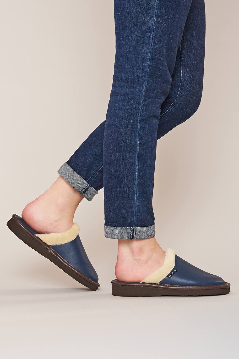 Moshulu ‘adele ‘ Classic Leather Mule Slippers In Indigo Moshulu ‘adele ‘ Classic Leather Mule Slippers In Indigo