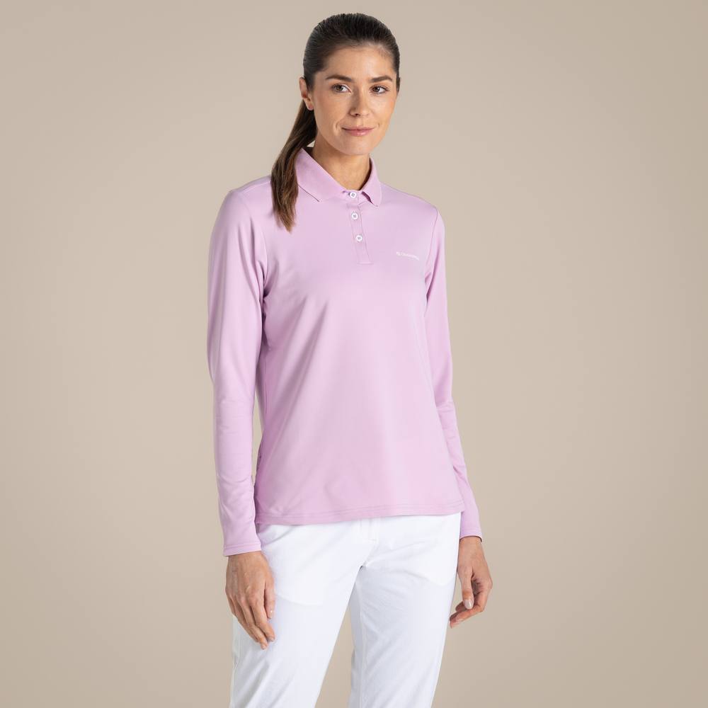 Craghoppers Nosilife Thornbury Insect-Repellent Long Sleeved Golf Polo Shirt In Lilac Craghoppers Nosilife Thornbury Insect-Repellent Long Sleeved Golf Polo Shirt In Lilac