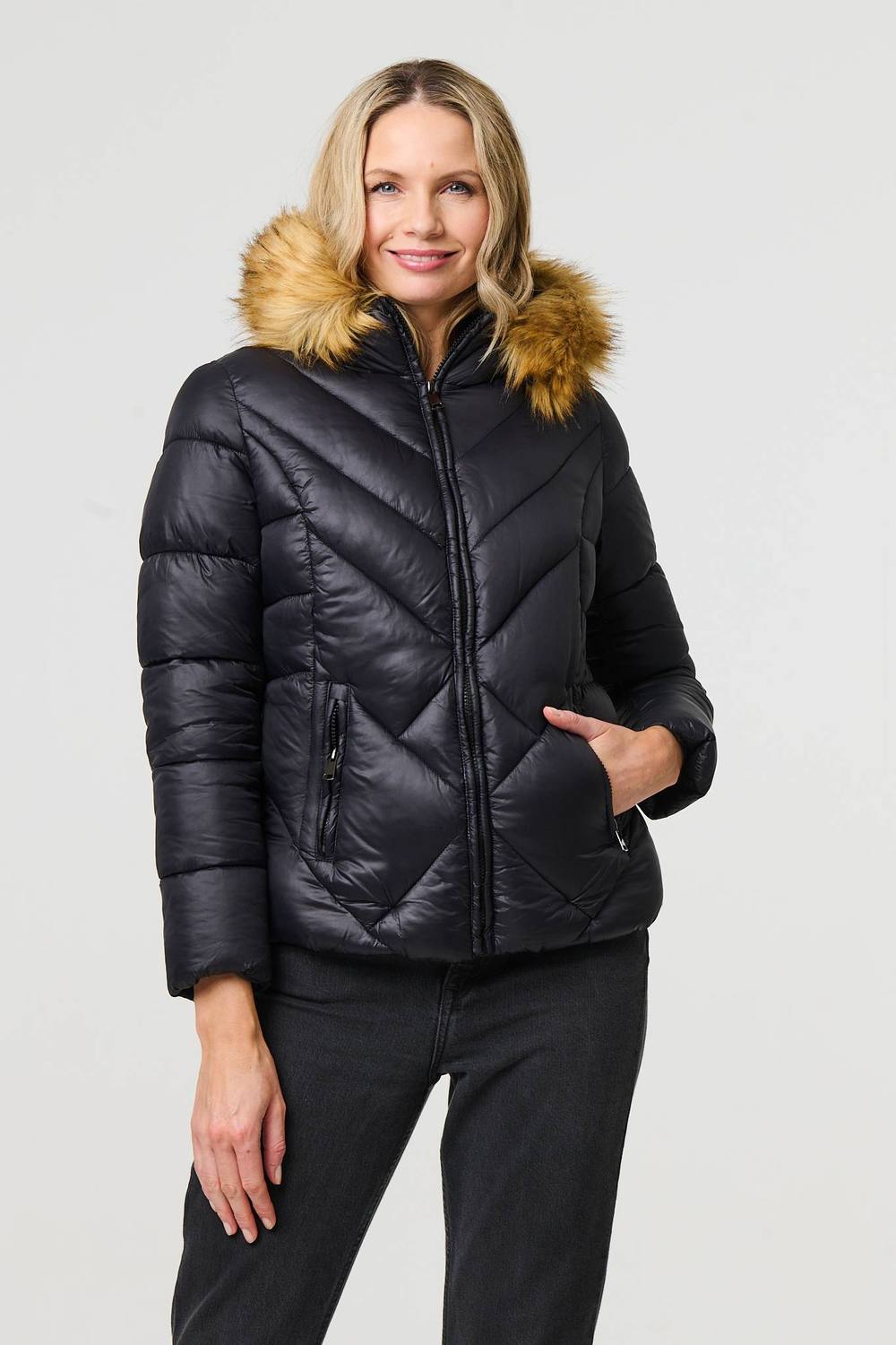 Izabel London Faux Fur Trim Hooded Puffer Jacket In Black Izabel London Faux Fur Trim Hooded Puffer Jacket In Black