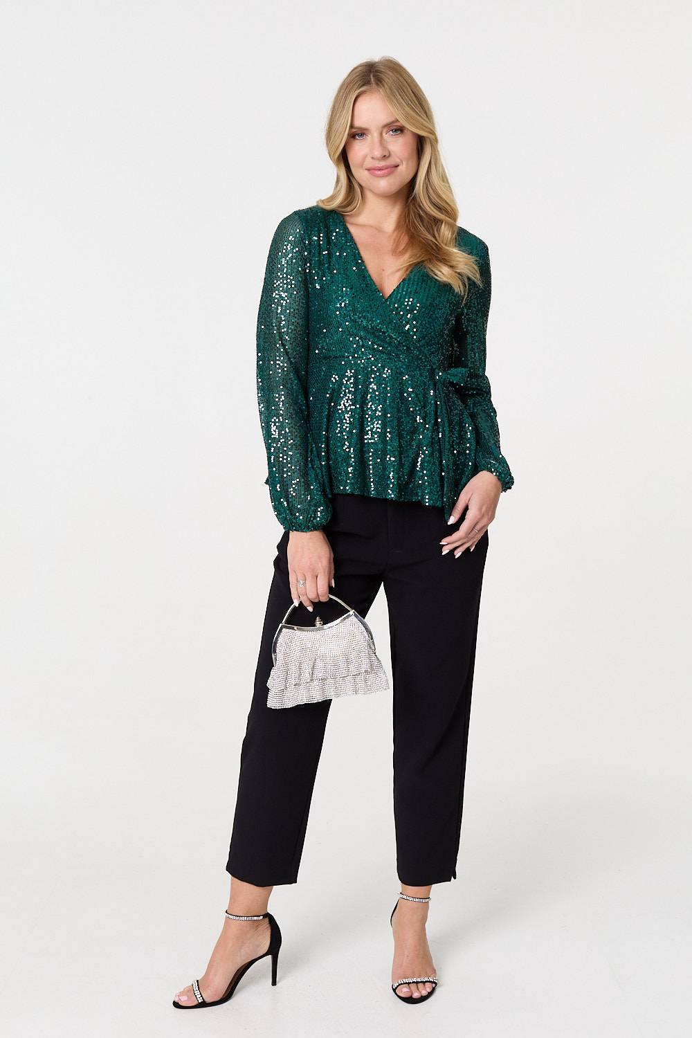 Izabel London Sequin Embellished Long Sleeve Peplum Top In Green Izabel London Sequin Embellished Long Sleeve Peplum Top In Green