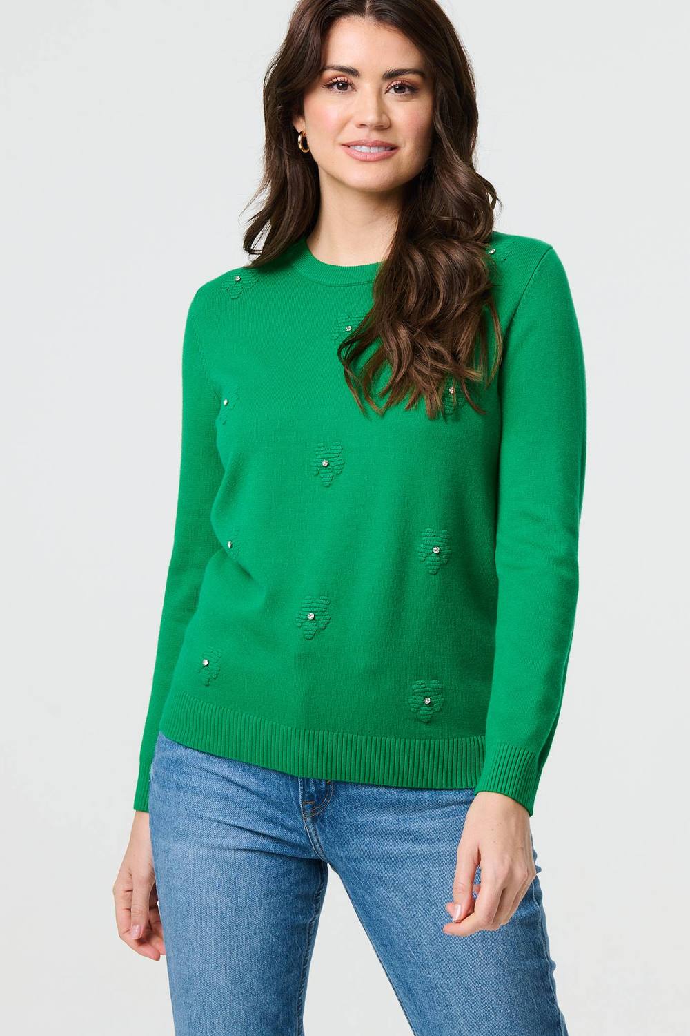 Izabel London Floral Gemstone Embellished Jumper In Green Izabel London Floral Gemstone Embellished Jumper In Green