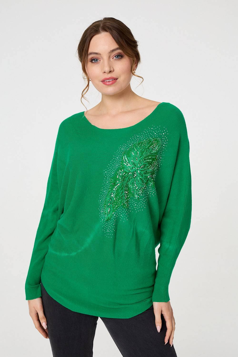 Izabel London Diamante Embroidered Long Sleeve Top In Green Izabel London Diamante Embroidered Long Sleeve Top In Green