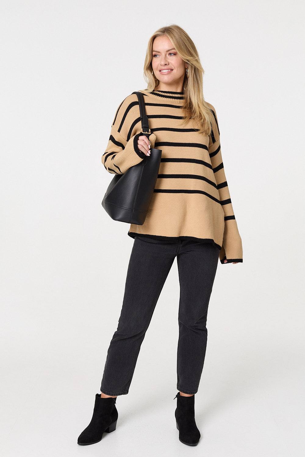 Izabel London Striped Flare Sleeve Roll Neck Jumper In Beige Izabel London Striped Flare Sleeve Roll Neck Jumper In Beige