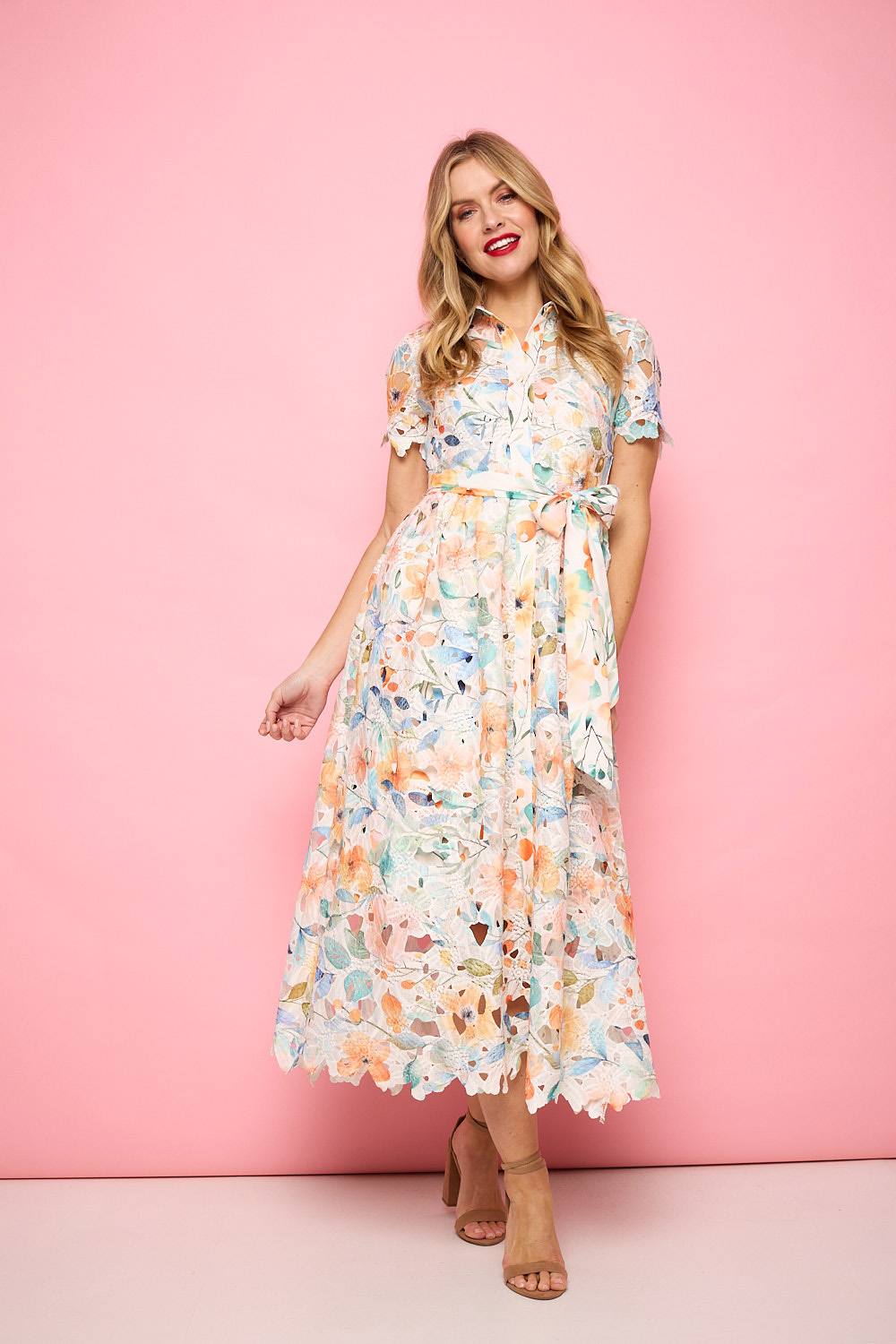 Izabel London Floral Cut Out Tie Waist Midi Shirt Dress In Orange