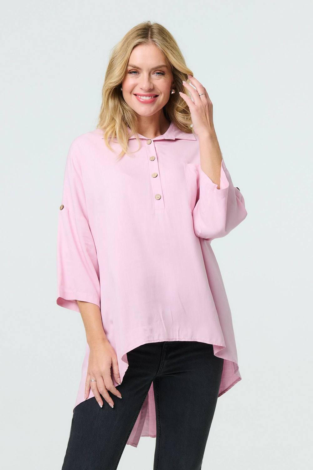 Izabel London Relaxed High Low Sleeve Shirt In Pink Izabel London Relaxed High Low Sleeve Shirt In Pink