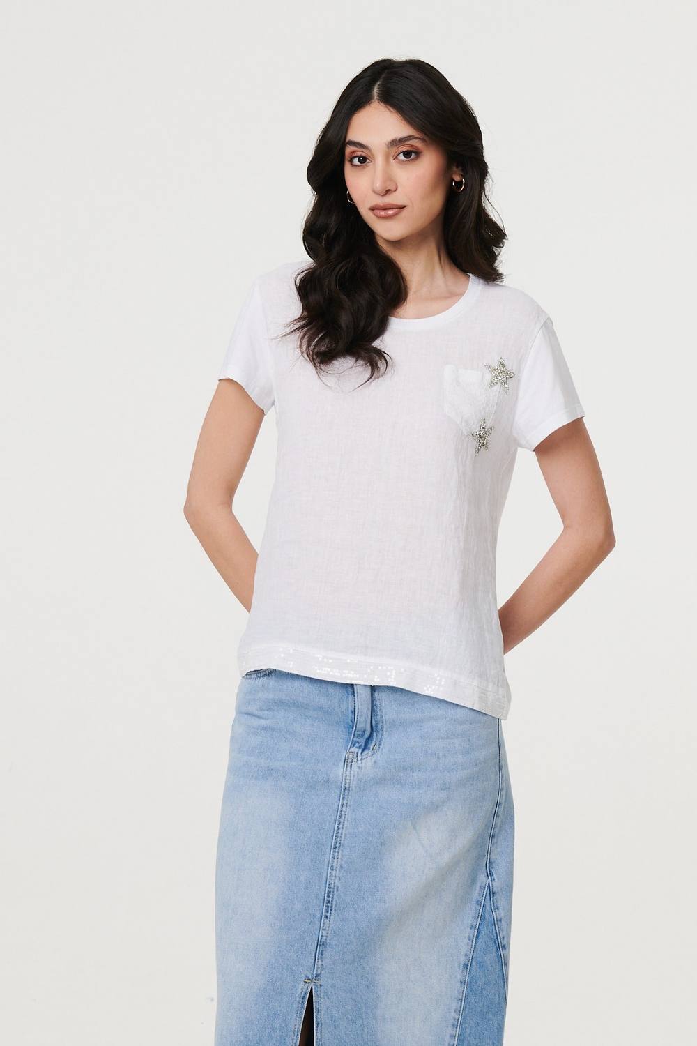 Izabel London Metallic Star Detail Relaxed Shirt In White Izabel London Metallic Star Detail Relaxed Shirt In White