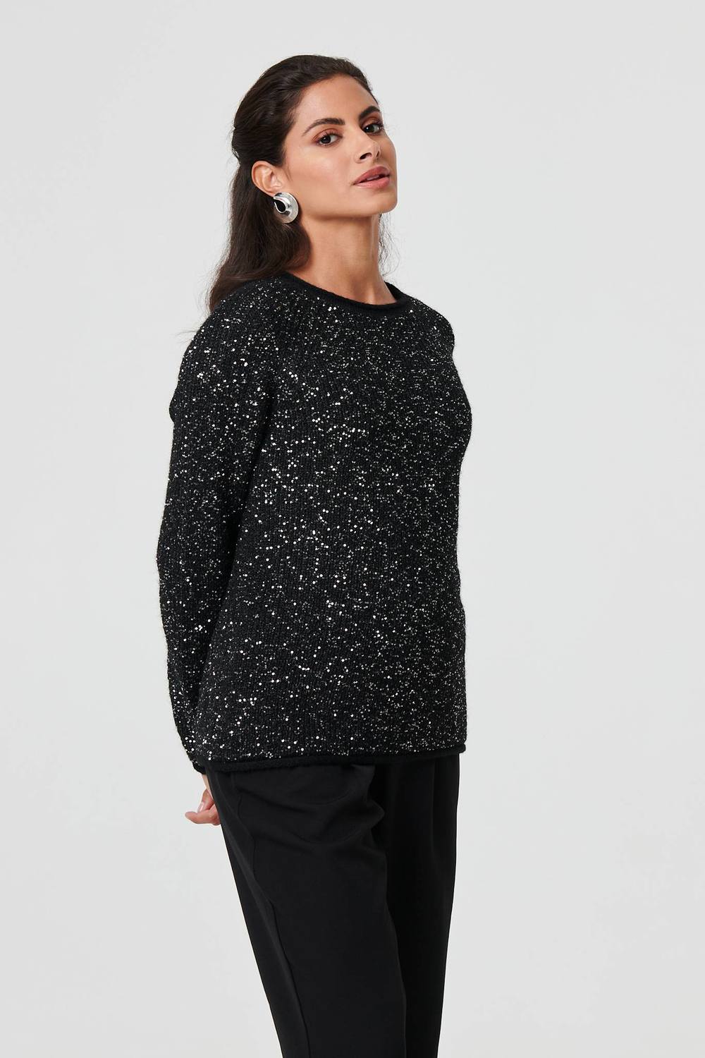 Izabel London Sparkly Embellished Slim Jumper In Black Izabel London Sparkly Embellished Slim Jumper In Black