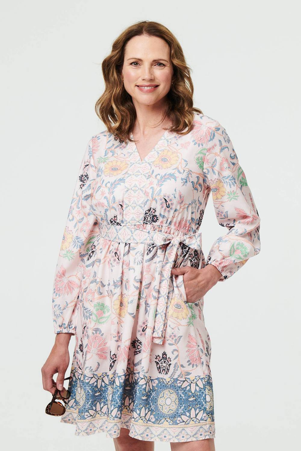 Izabel London Border Print Tie Waist Knee Length Dress In Pink Izabel London Border Print Tie Waist Knee Length Dress In Pink