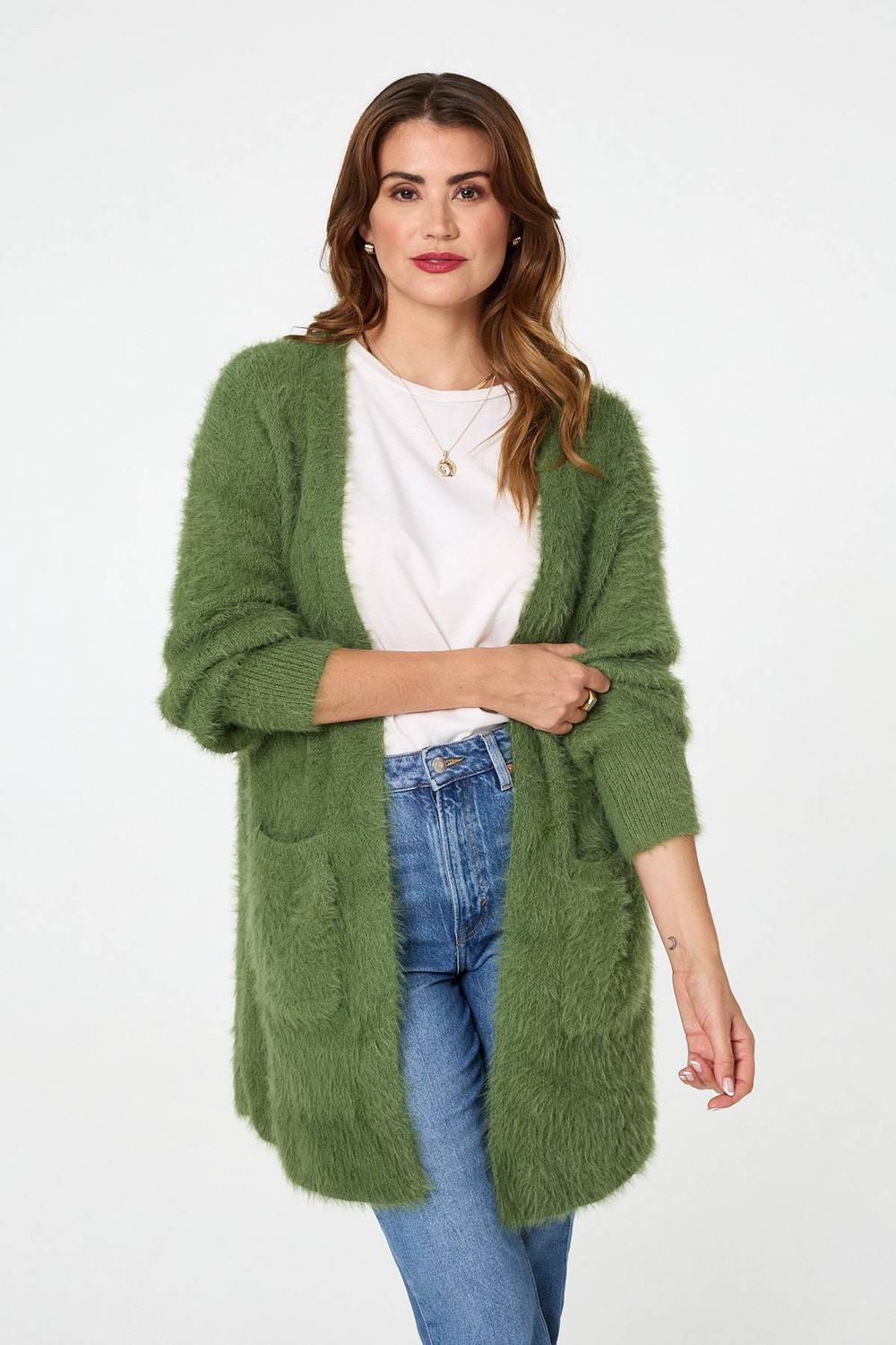 Izabel London Soft Textured Longline Open Cardigan In Green Izabel London Soft Textured Longline Open Cardigan In Green