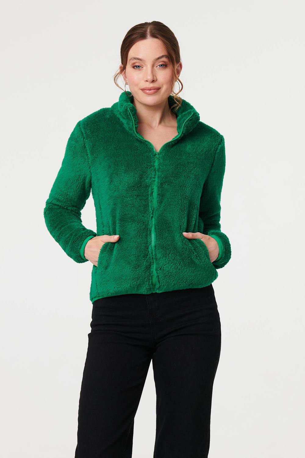 Izabel London Soft Texture Zip Front High Neck Fleece In Bright Green Izabel London Soft Texture Zip Front High Neck Fleece In Bright Green