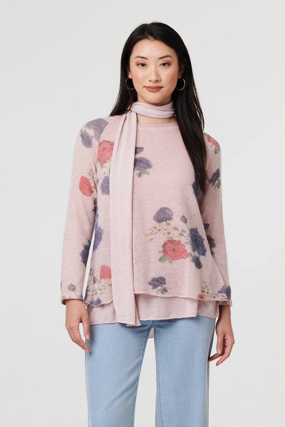 Izabel London Floral Layered Tunic Top With Scarf In Pink Izabel London Floral Layered Tunic Top With Scarf In Pink