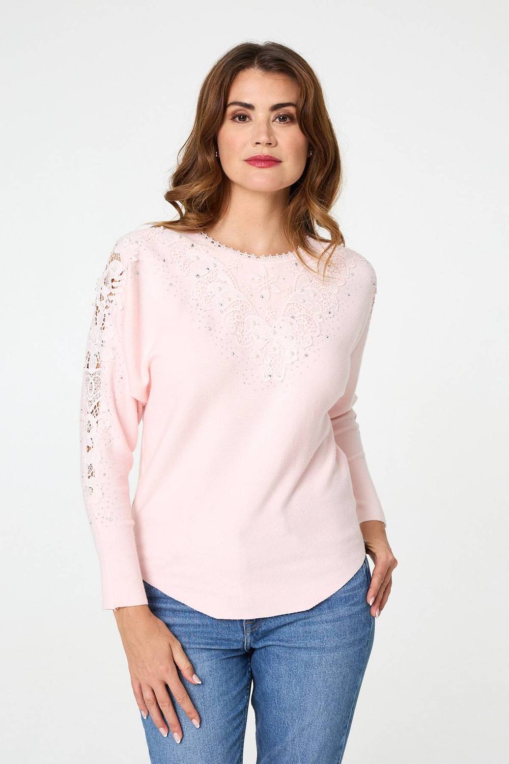 Izabel London Sparkly Lace Embellished Relaxed Jumper In Pink Izabel London Sparkly Lace Embellished Relaxed Jumper In Pink