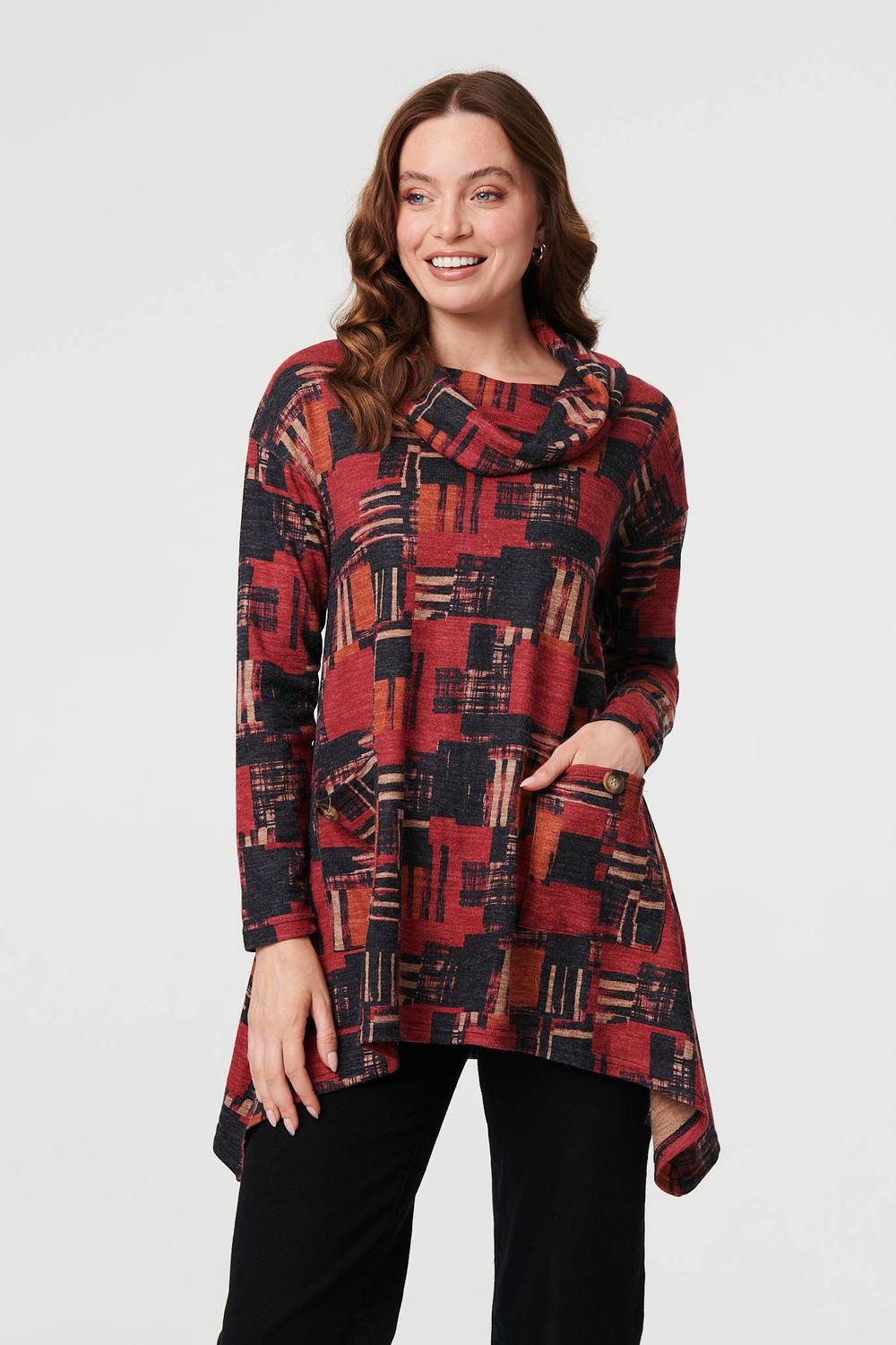 Izabel London Printed Long Sleeve Cowl Neck Tunic Top In Red Izabel London Printed Long Sleeve Cowl Neck Tunic Top In Red