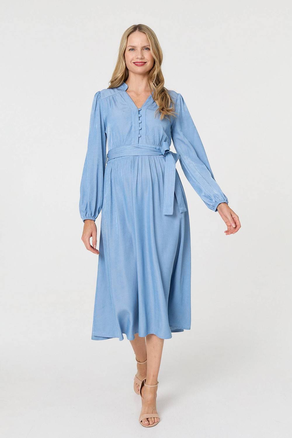 Izabel London Long Sleeve Empire Tie Waist Midi Dress In Blue Izabel London Long Sleeve Empire Tie Waist Midi Dress In Blue