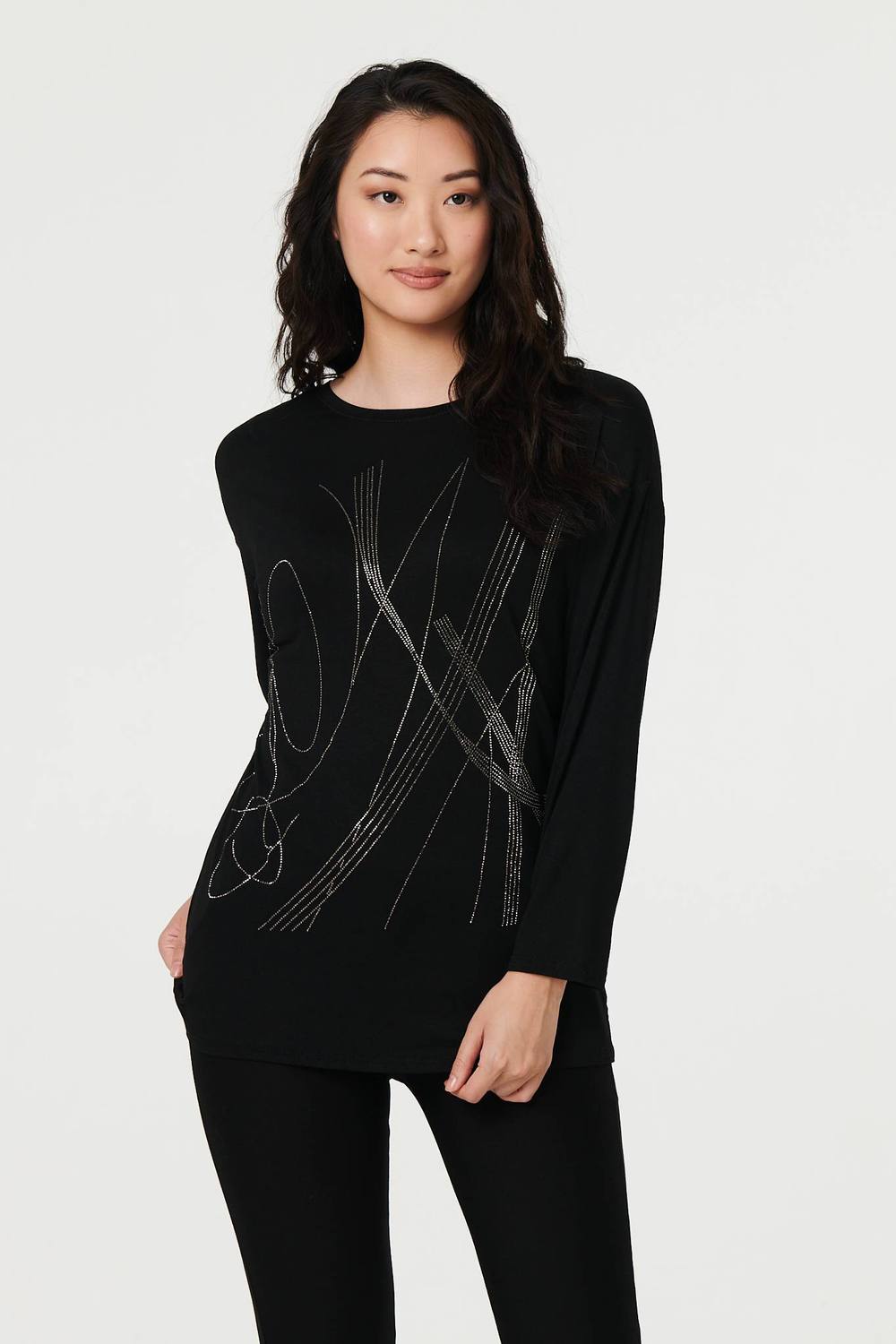 Izabel London Abstract Sparkly Long Sleeve Top In Black Izabel London Abstract Sparkly Long Sleeve Top In Black