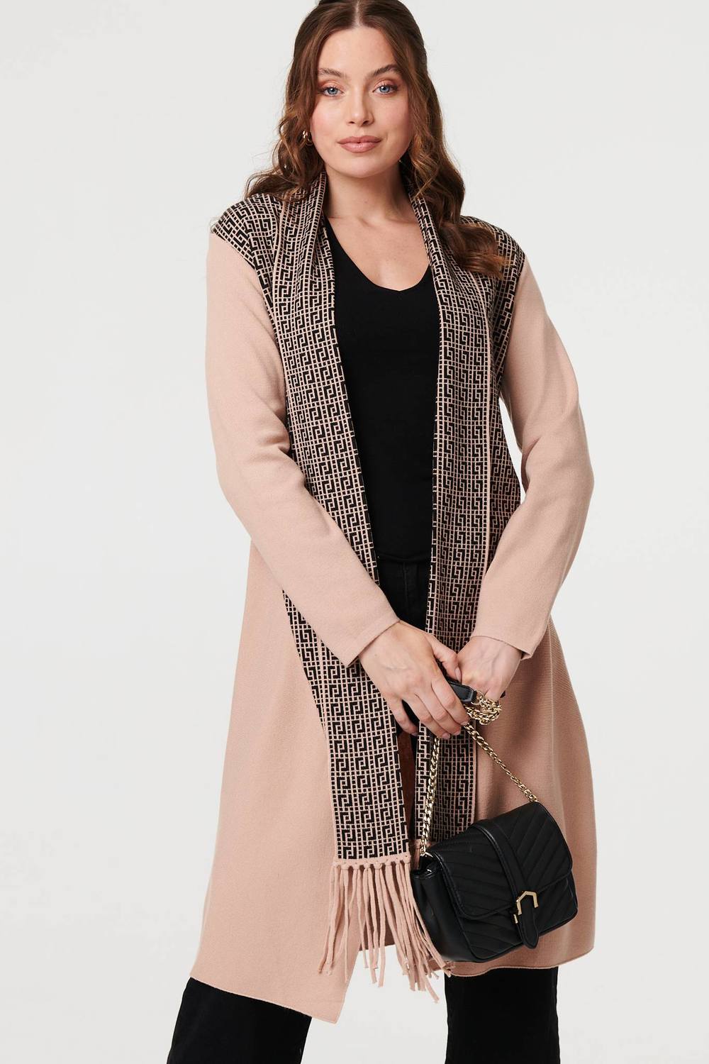 Izabel London Printed Fringed Scarf Detail Long Jacket In Beige Izabel London Printed Fringed Scarf Detail Long Jacket In Beige