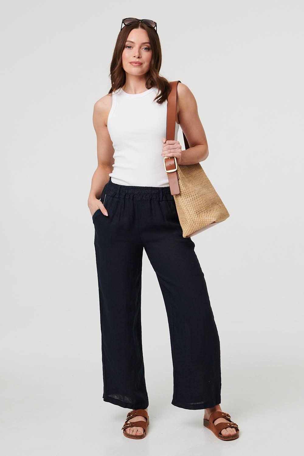Izabel London High Waist Wide Ankle Length Trousers In Navy Izabel London High Waist Wide Ankle Length Trousers In Navy