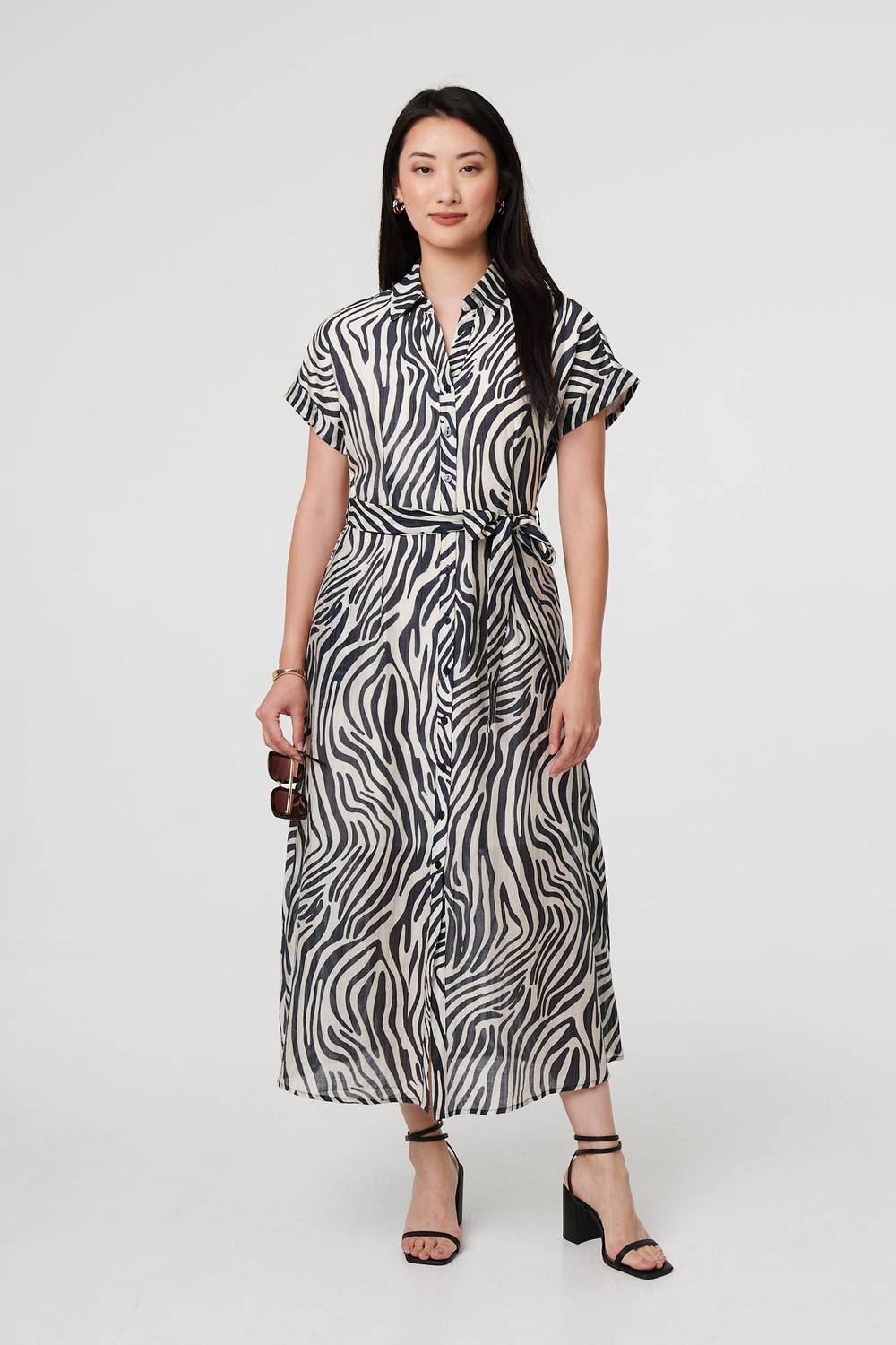 Izabel London Zebra Print Tie Waist Midi Shirt Dress In Black Izabel London Zebra Print Tie Waist Midi Shirt Dress In Black