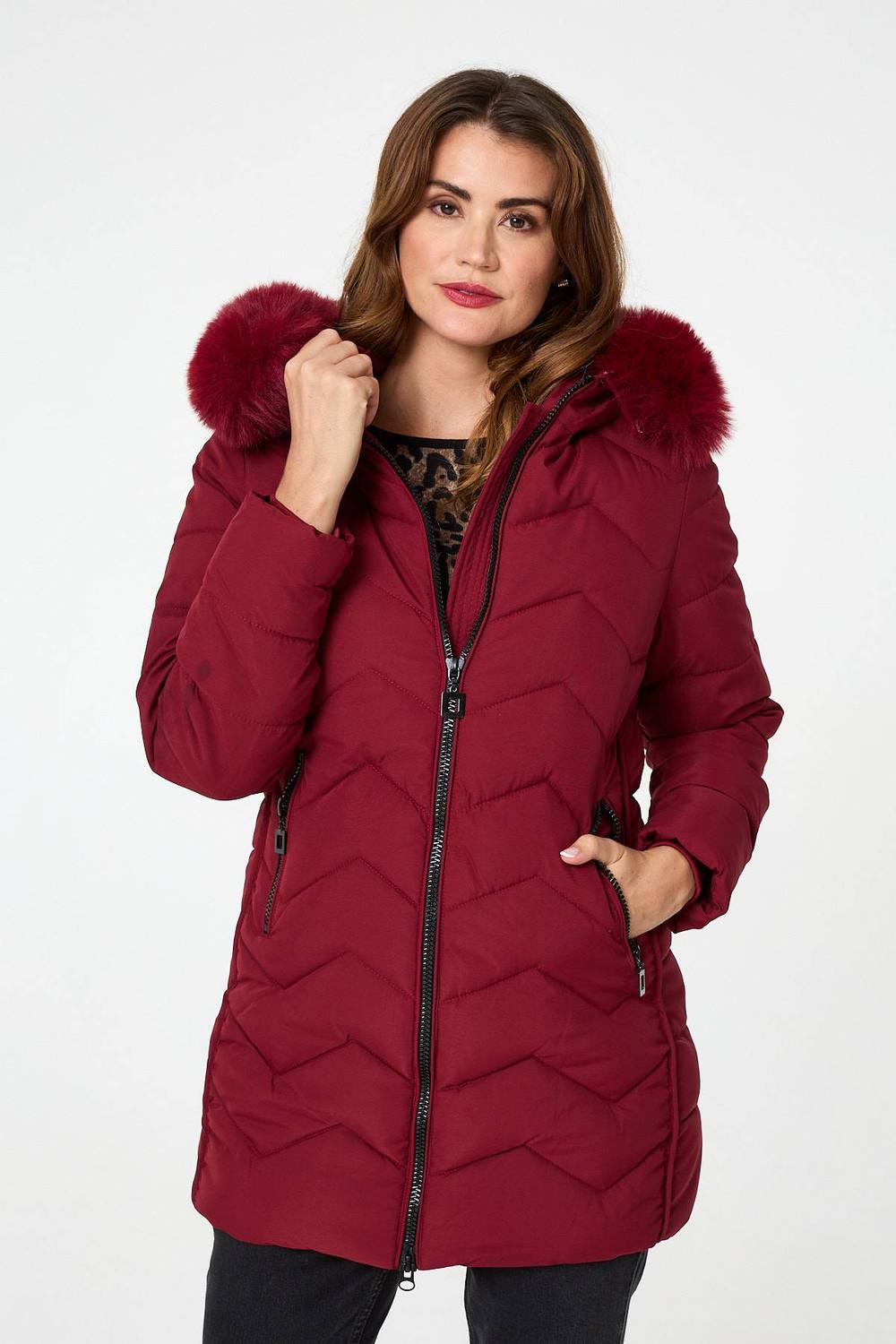 Izabel London Faux Fur Hood Thigh Length Puffer Jacket In Wine