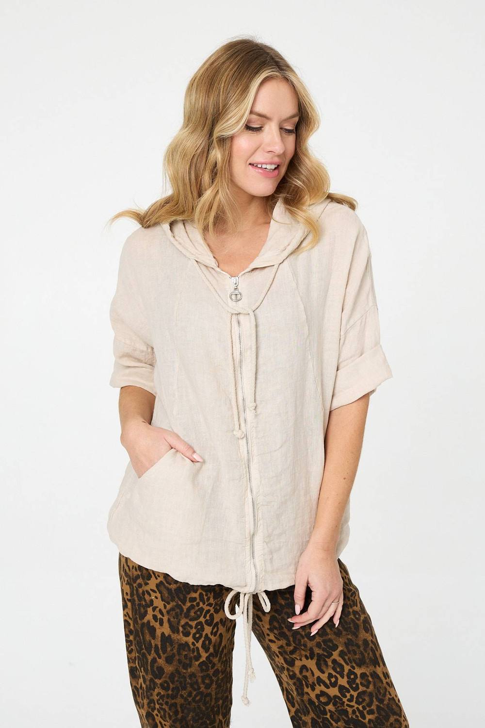 Izabel London Zip Front Drawstring Hooded Parka Jacket In Beige Izabel London Zip Front Drawstring Hooded Parka Jacket In Beige