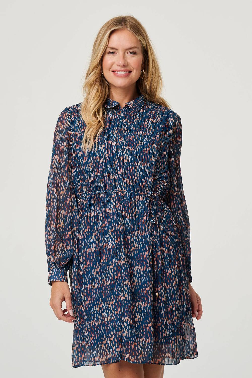 Izabel London Printed Collared Short Tie Waist Dress In Teal Izabel London Printed Collared Short Tie Waist Dress In Teal