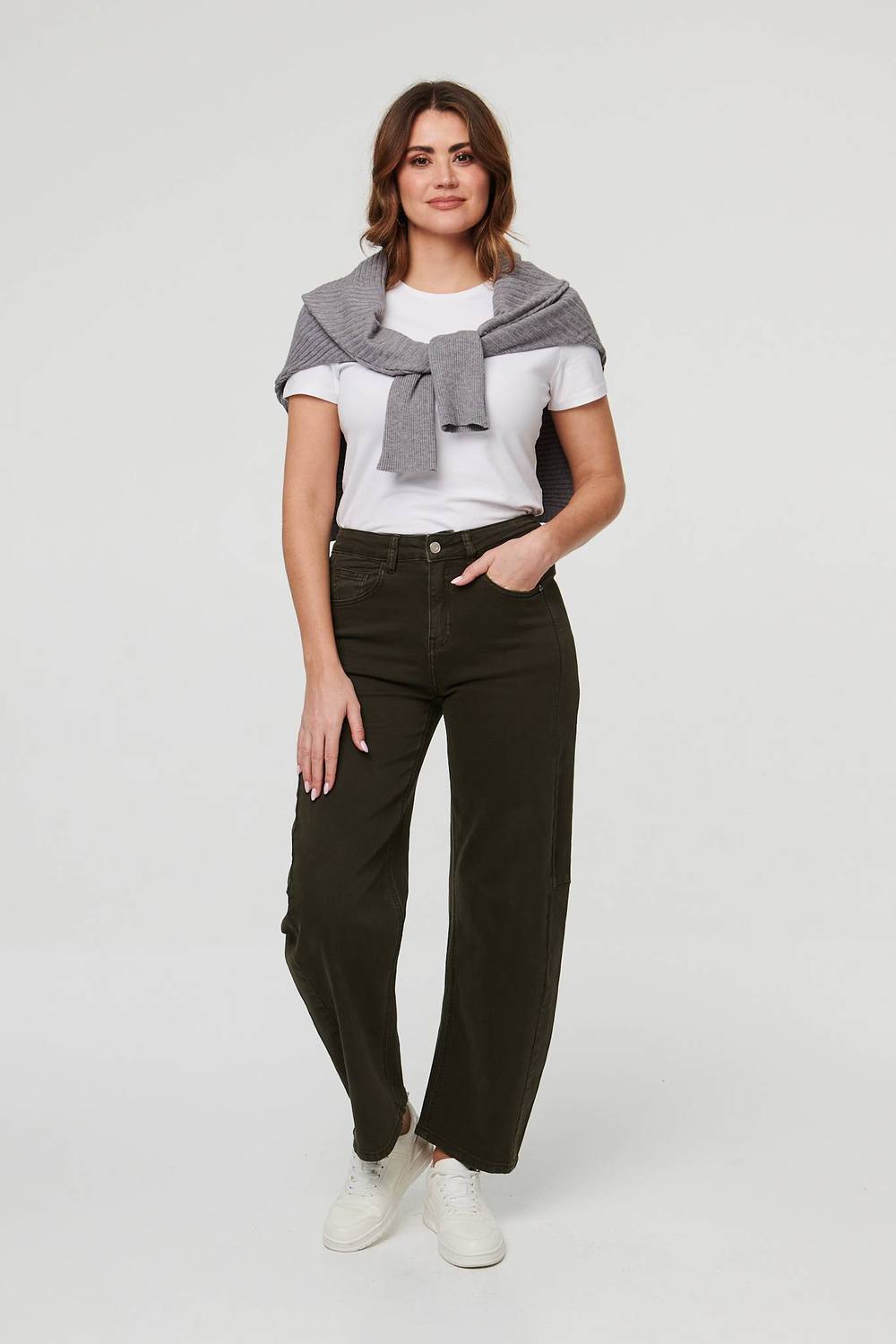 Izabel London High Waist Wide Barrel Fit Jeans In Khaki Izabel London High Waist Wide Barrel Fit Jeans In Khaki