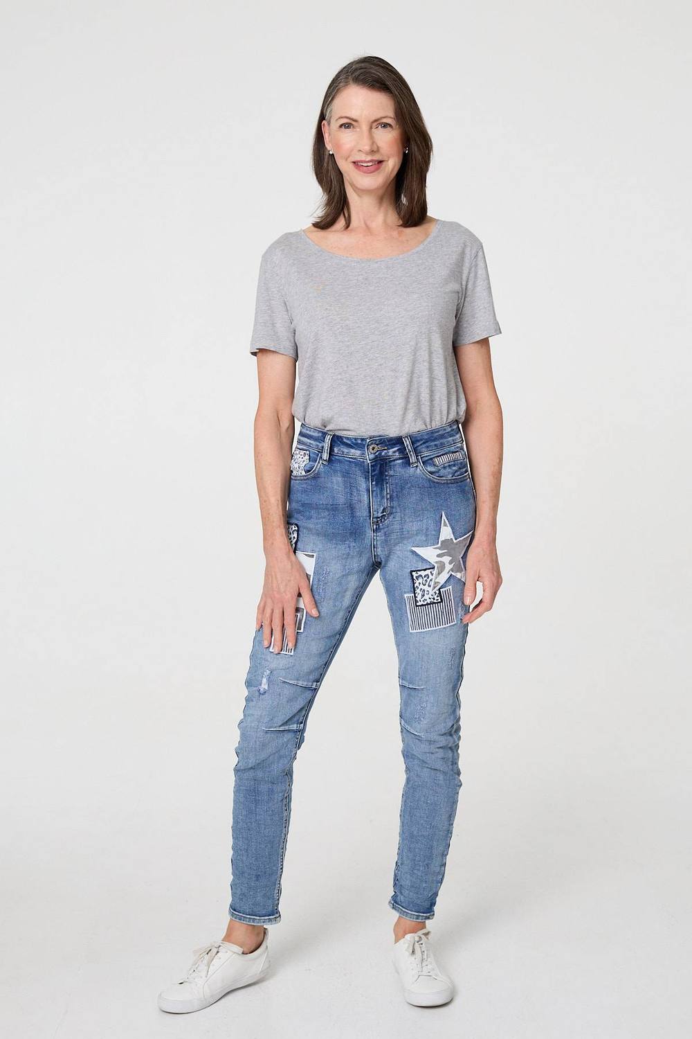 Izabel London Star Patchwork Detail Skinny Jeans In Blue