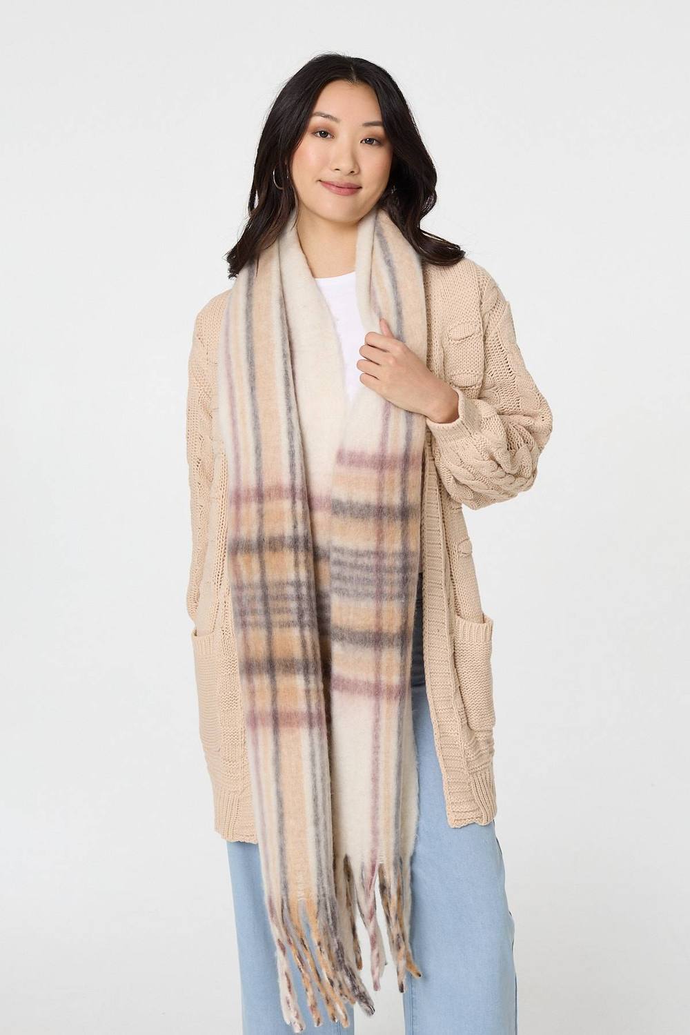Izabel London Checked Print Oversize Fringed Scarf In Beige Izabel London Checked Print Oversize Fringed Scarf In Beige