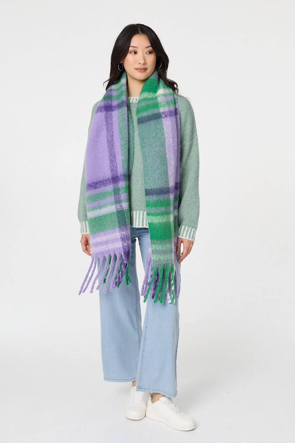 Izabel London Checked Print Oversized Fringed Scarf Izabel London Checked Print Oversized Fringed Scarf