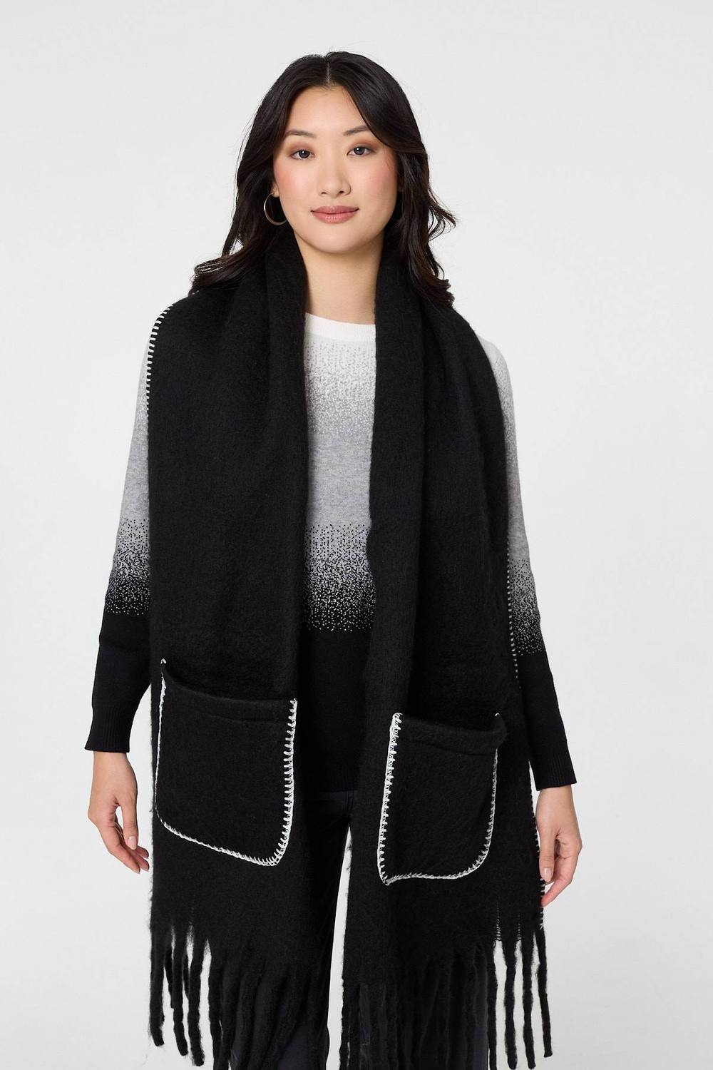 Izabel London Fringed Contrast Stitch Oversized Scarf In Black