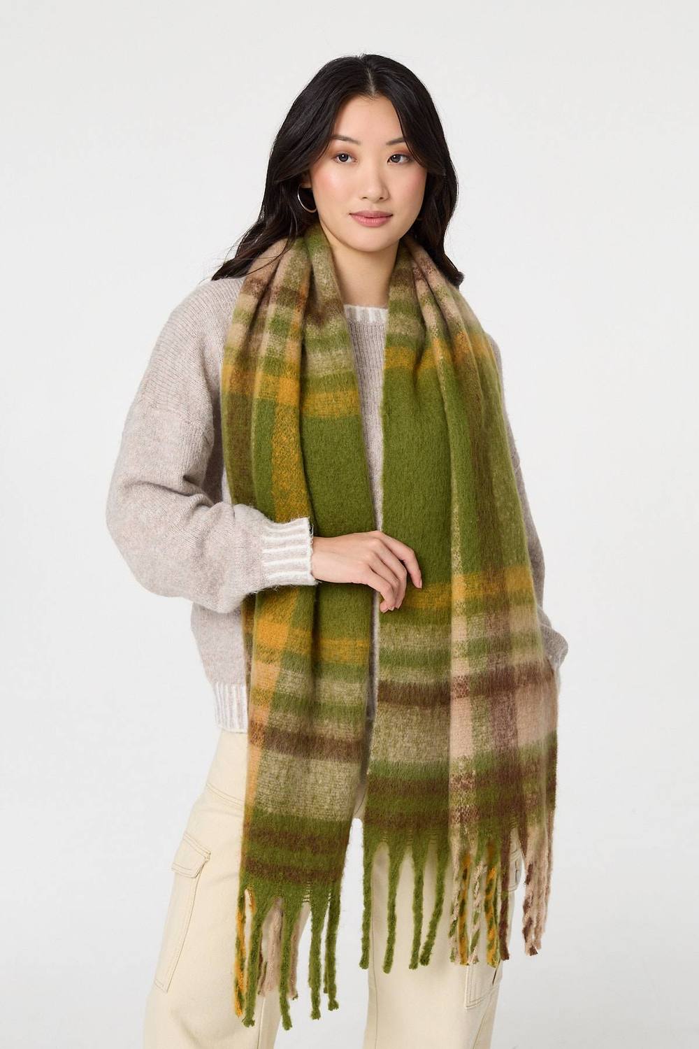Izabel London Checked Print Fringed Oversized Scarf Izabel London Checked Print Fringed Oversized Scarf