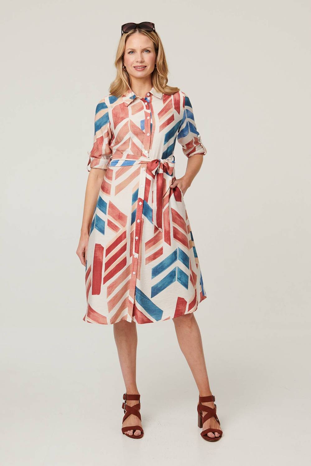 Izabel London Geo Print Tie Waist Midi Shirt Dress In Red