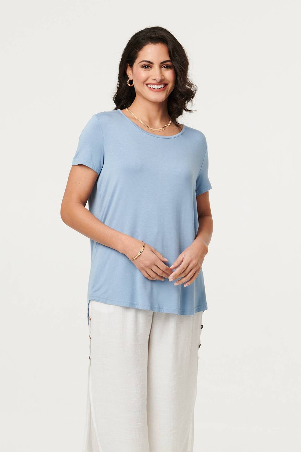 Izabel London Plain Short Sleeve Curve Hem Shirt In Blue Izabel London Plain Short Sleeve Curve Hem Shirt In Blue
