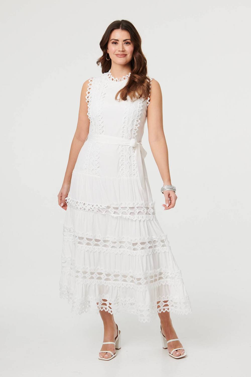 Izabel London Lace Layer Sleeveless Tie Maxi Dress In White Izabel London Lace Layer Sleeveless Tie Maxi Dress In White